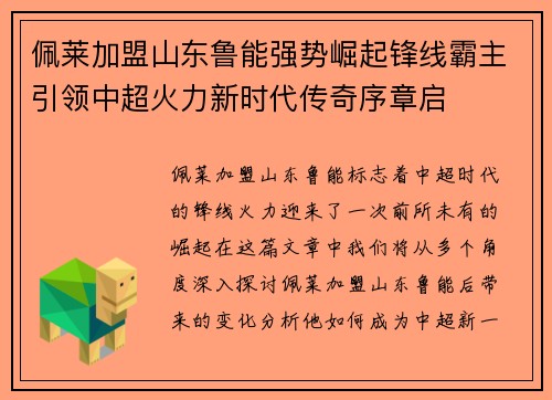 佩莱加盟山东鲁能强势崛起锋线霸主引领中超火力新时代传奇序章启